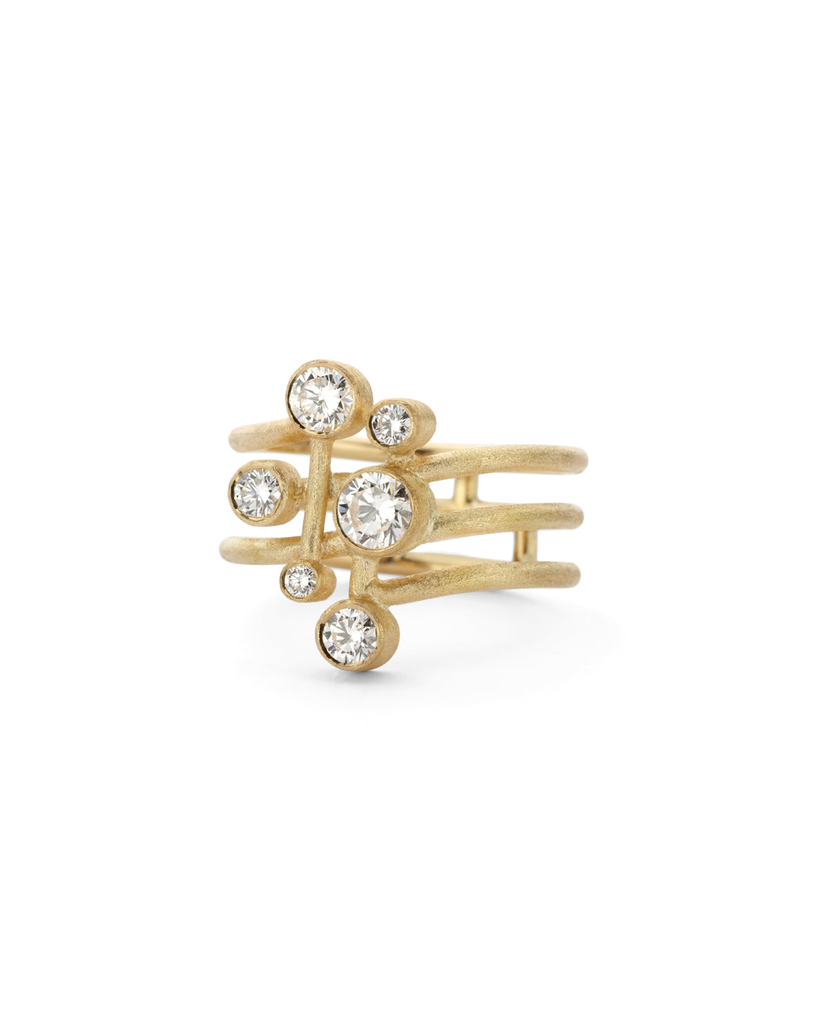 Six diamond wide band ring. Asymmetric configuration on spiral band, 18ct yellow gold textured finish.