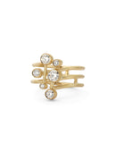 Six diamond wide band ring. Asymmetric configuration on spiral band, 18ct yellow gold textured finish.