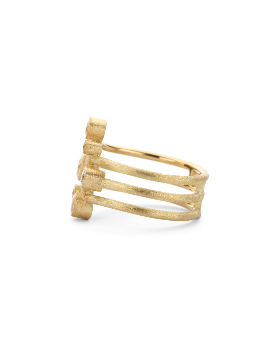 Six diamond wide band ring. Asymmetric configuration on spiral band, 18ct yellow gold textured finish. Side profile.