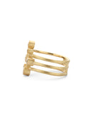 Six diamond wide band ring. Asymmetric configuration on spiral band, 18ct yellow gold textured finish. Side profile.