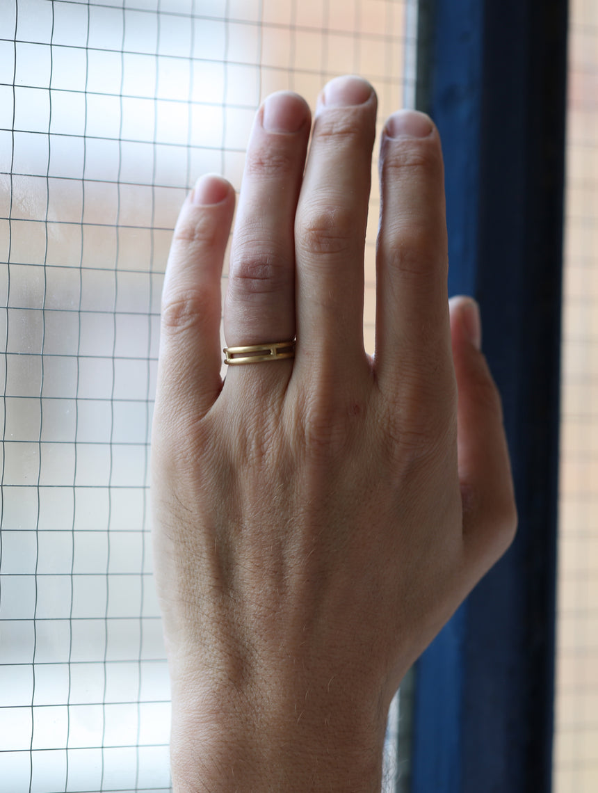 18ct yellow gold double band ring, satin finish. On hand.