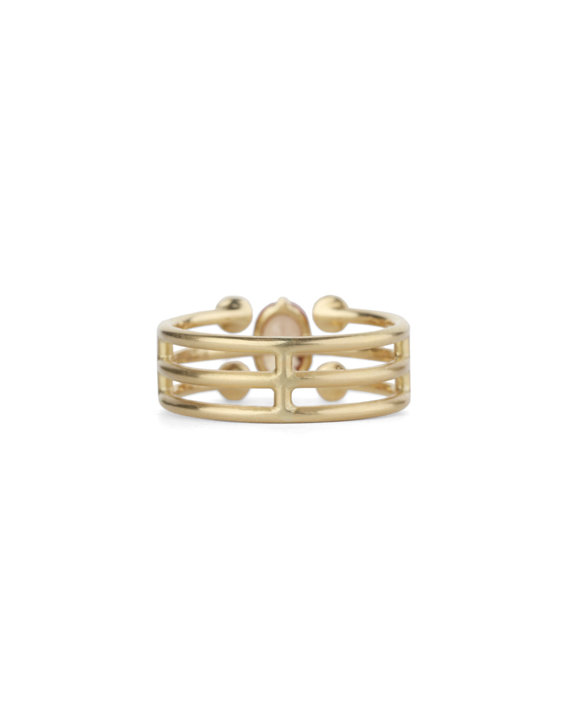 Statement three band ring with oval orange sapphire and four pink tourmalines. 18ct yellow gold, satin finish. Back view.
