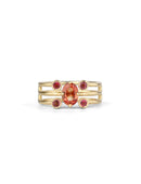Statement three band ring with oval orange sapphire and four pink tourmalines. 18ct yellow gold, satin finish.