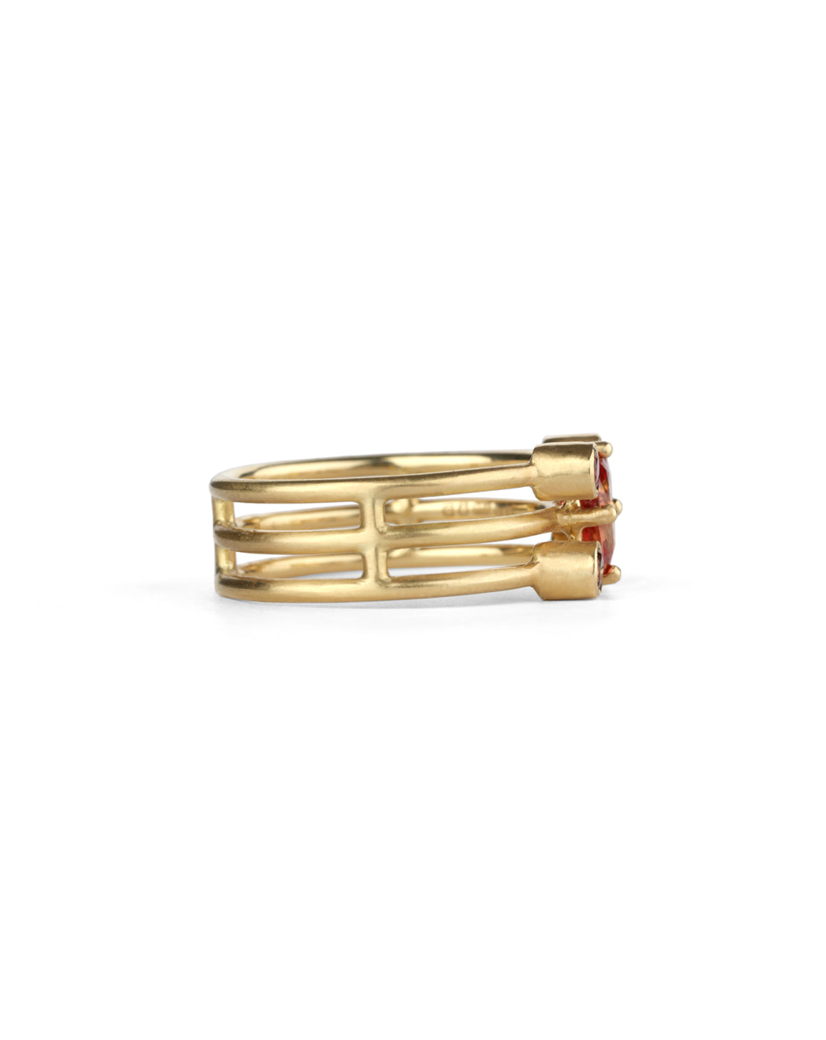 Statement three band ring with oval orange sapphire and four pink tourmalines. 18ct yellow gold, satin finish. Side view.