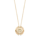Geometric necklace with diamond and circular surround detail, back view.