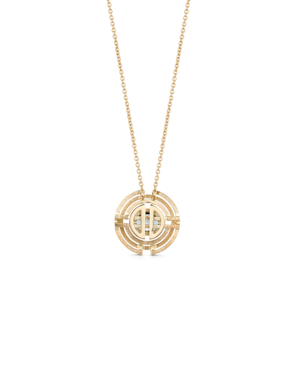 Geometric necklace with diamond and circular surround detail, back view.