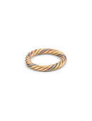 Rope style band ring with five different colour gold alloys twisted together.