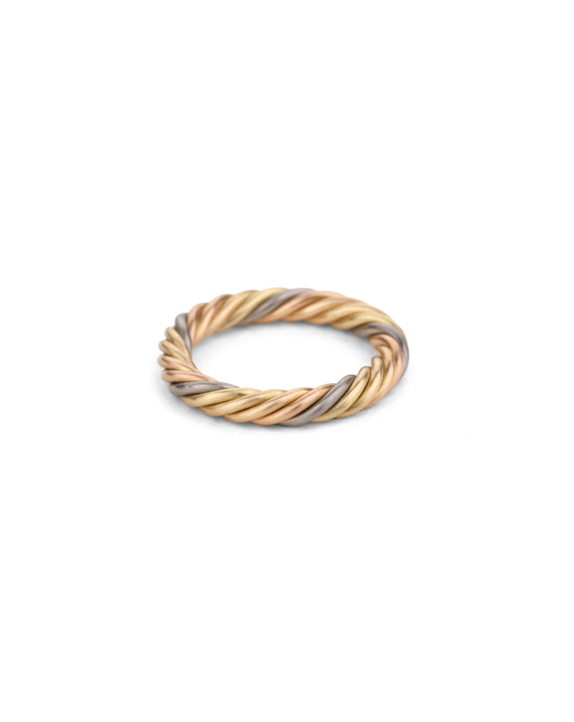 Rope style band ring with five different colour gold alloys twisted together.