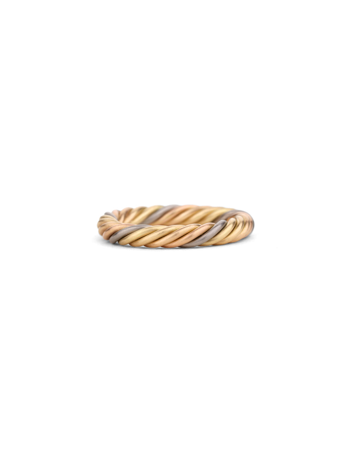 Rope style band ring with five different colour gold alloys twisted together.