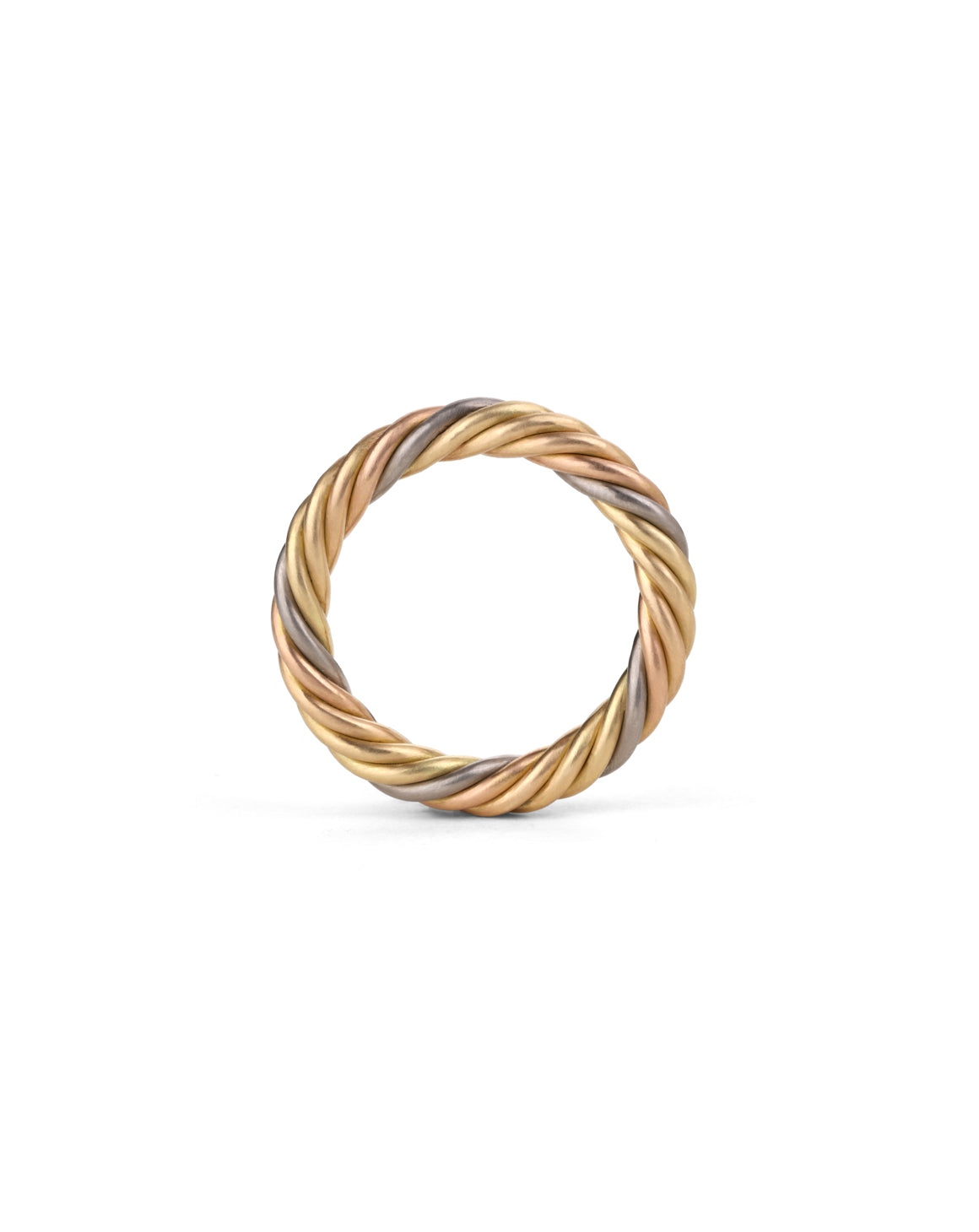 Rope style band ring with five different colour gold alloys twisted together. Side view.