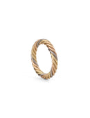 Rope style band ring with five different colour gold alloys twisted together.