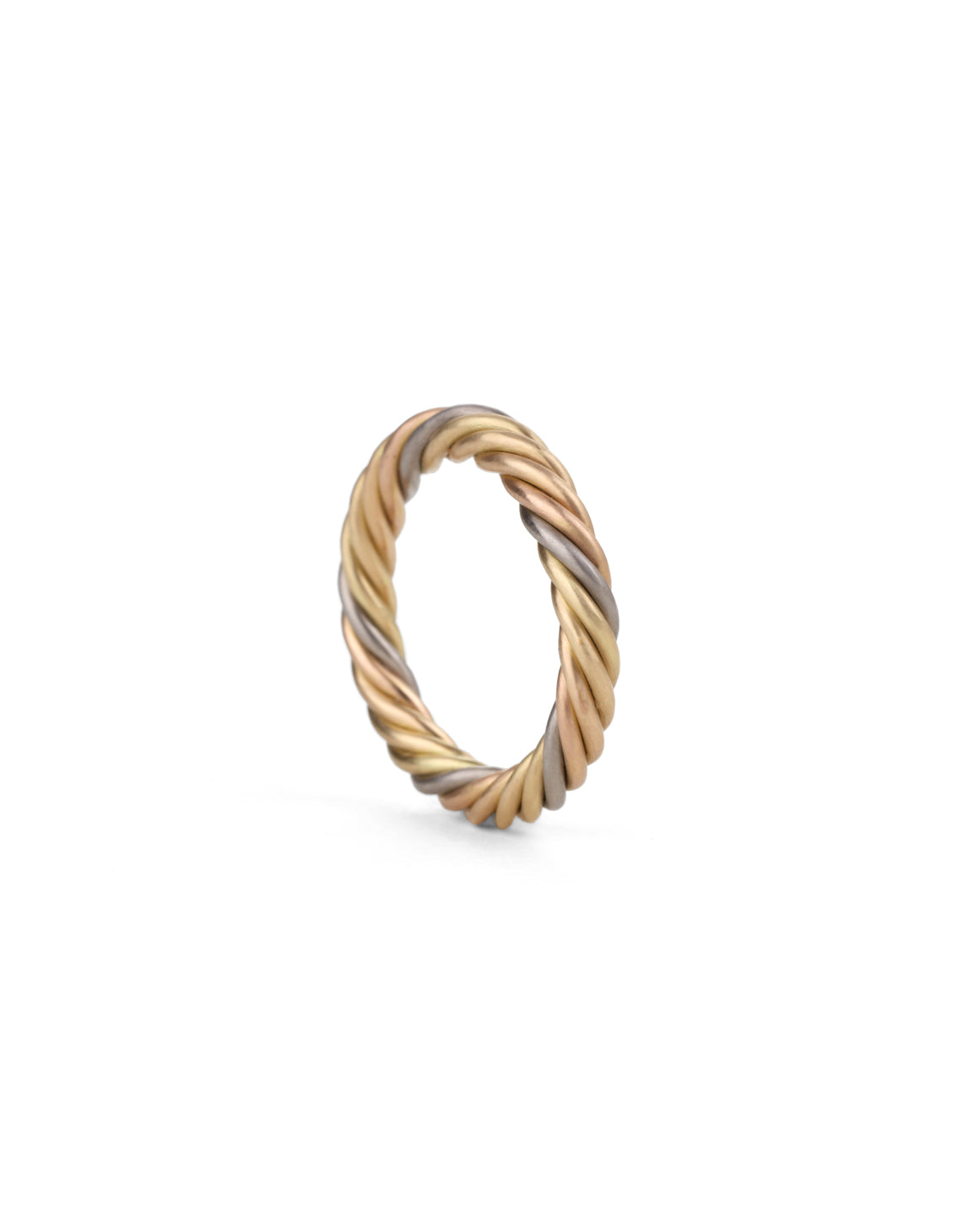 Rope style band ring with five different colour gold alloys twisted together.