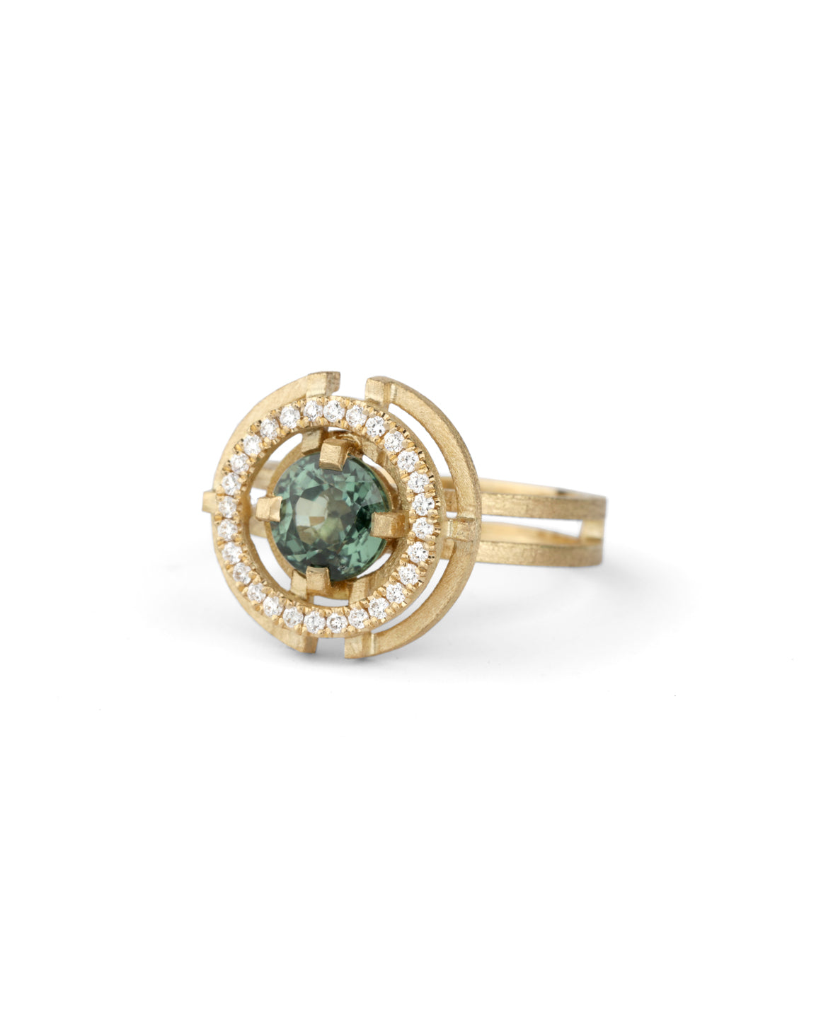 Green Sapphire Compass Three Circle Halo Ring