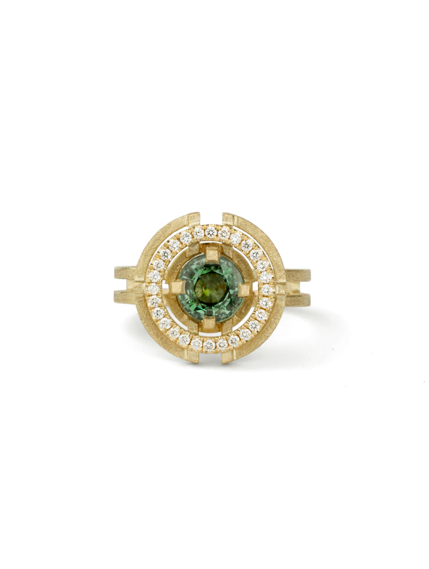 Green Sapphire Compass Three Circle Halo Ring