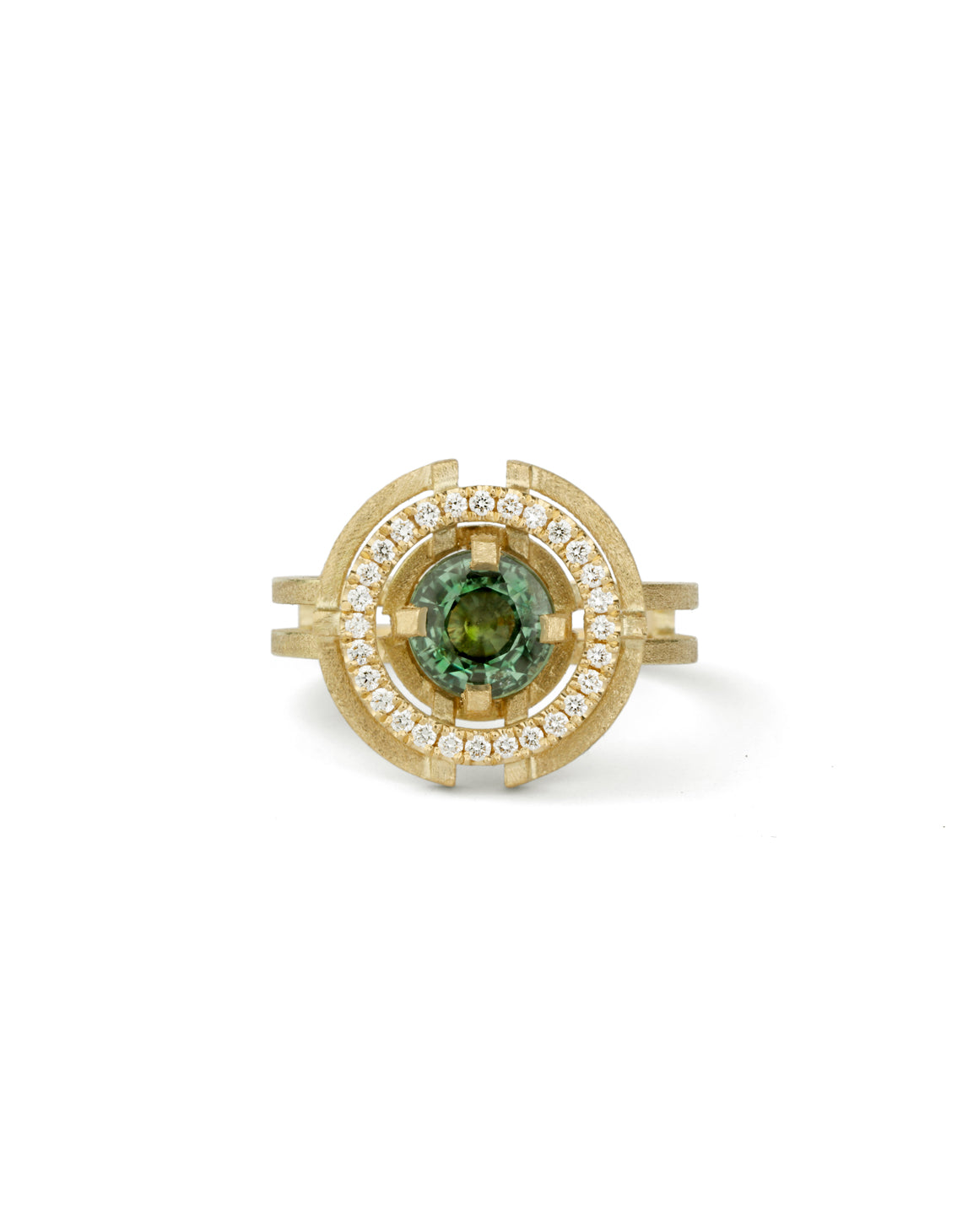 Green Sapphire Compass Three Circle Halo Ring