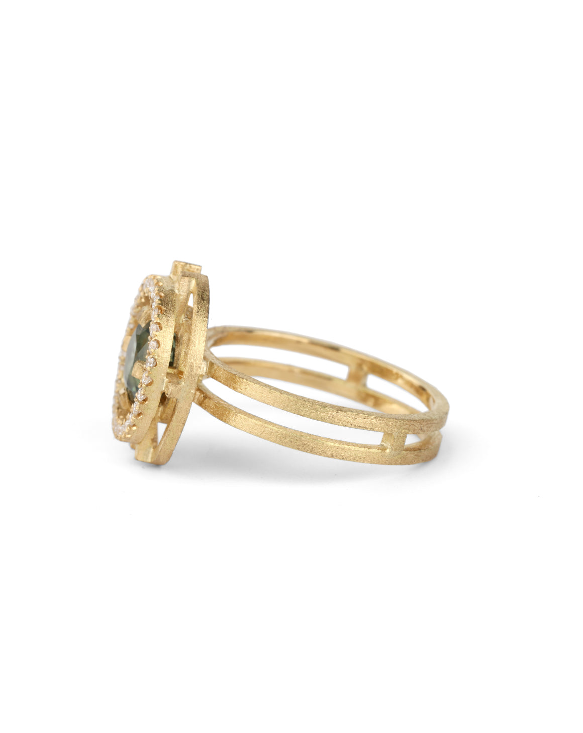 Green Sapphire Compass Three Circle Halo Ring