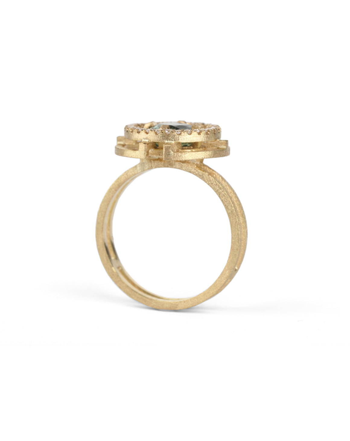 Green Sapphire Compass Three Circle Halo Ring