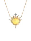 Statement necklace with large round citrine, white diamonds, pearls and aquamarine. 18ct yellow gold satin finish, geometric design.