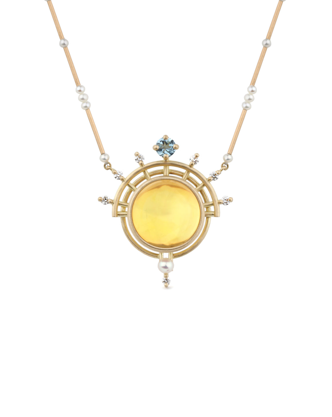 Statement necklace with large round citrine, white diamonds, pearls and aquamarine. 18ct yellow gold satin finish, geometric design.