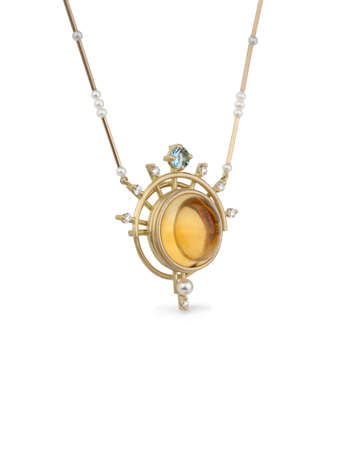 Statement necklace with large round citrine, white diamonds, pearls and aquamarine. 18ct yellow gold satin finish, geometric design.
