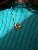 Statement necklace with large round citrine, white diamonds, pearls and aquamarine. 18ct yellow gold satin finish, geometric design. Worn.