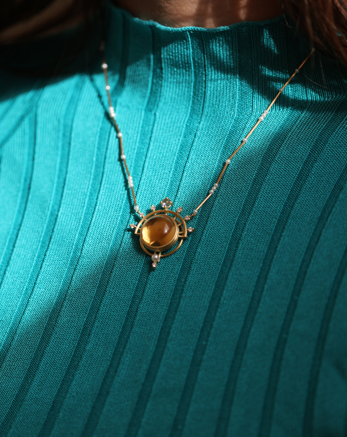 Statement necklace with large round citrine, white diamonds, pearls and aquamarine. 18ct yellow gold satin finish, geometric design. Worn.