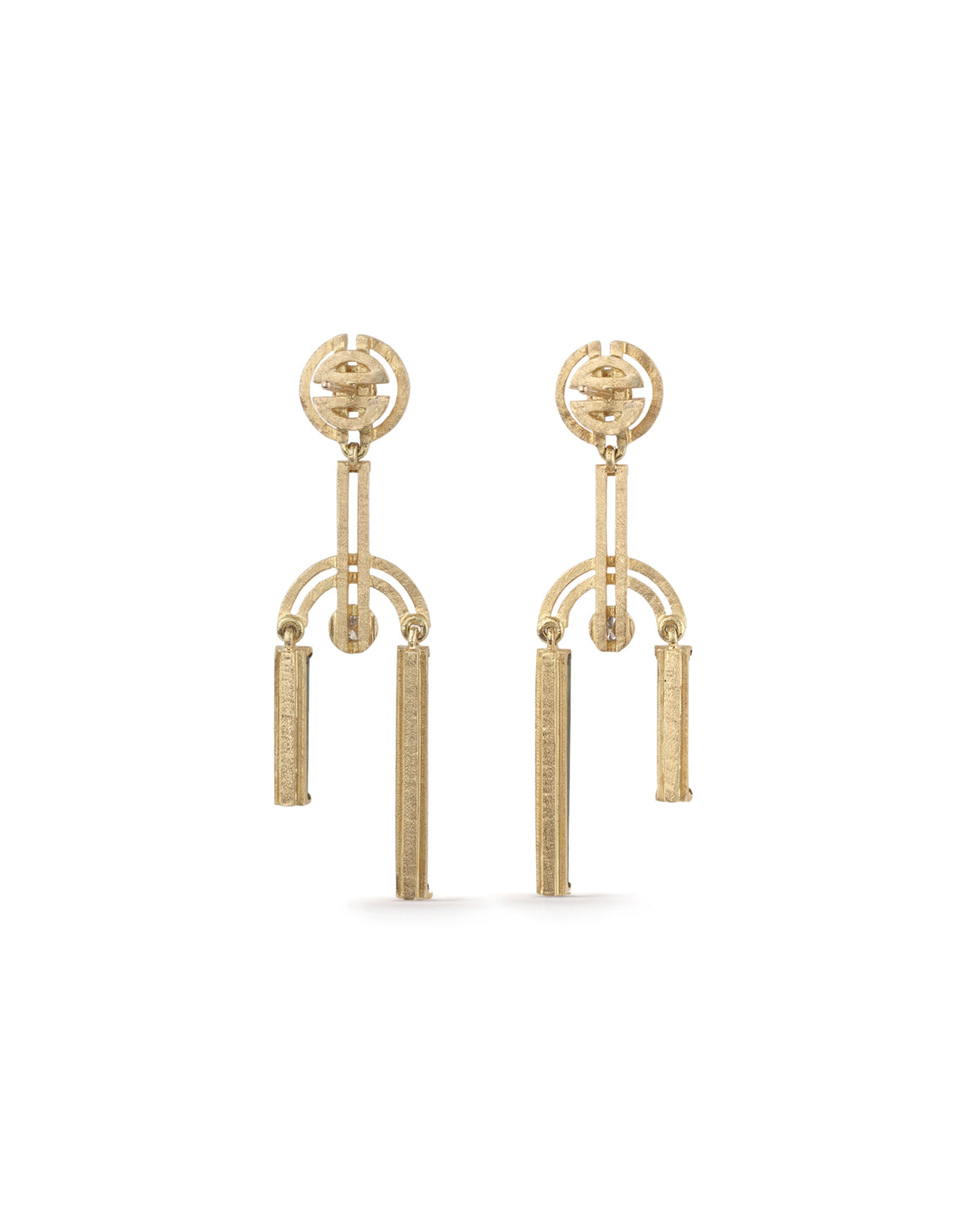 Geometric statement drop earrings. rectangular green tourmalines and round white diamonds, 18ct yellow gold with textured finish. Back view.
