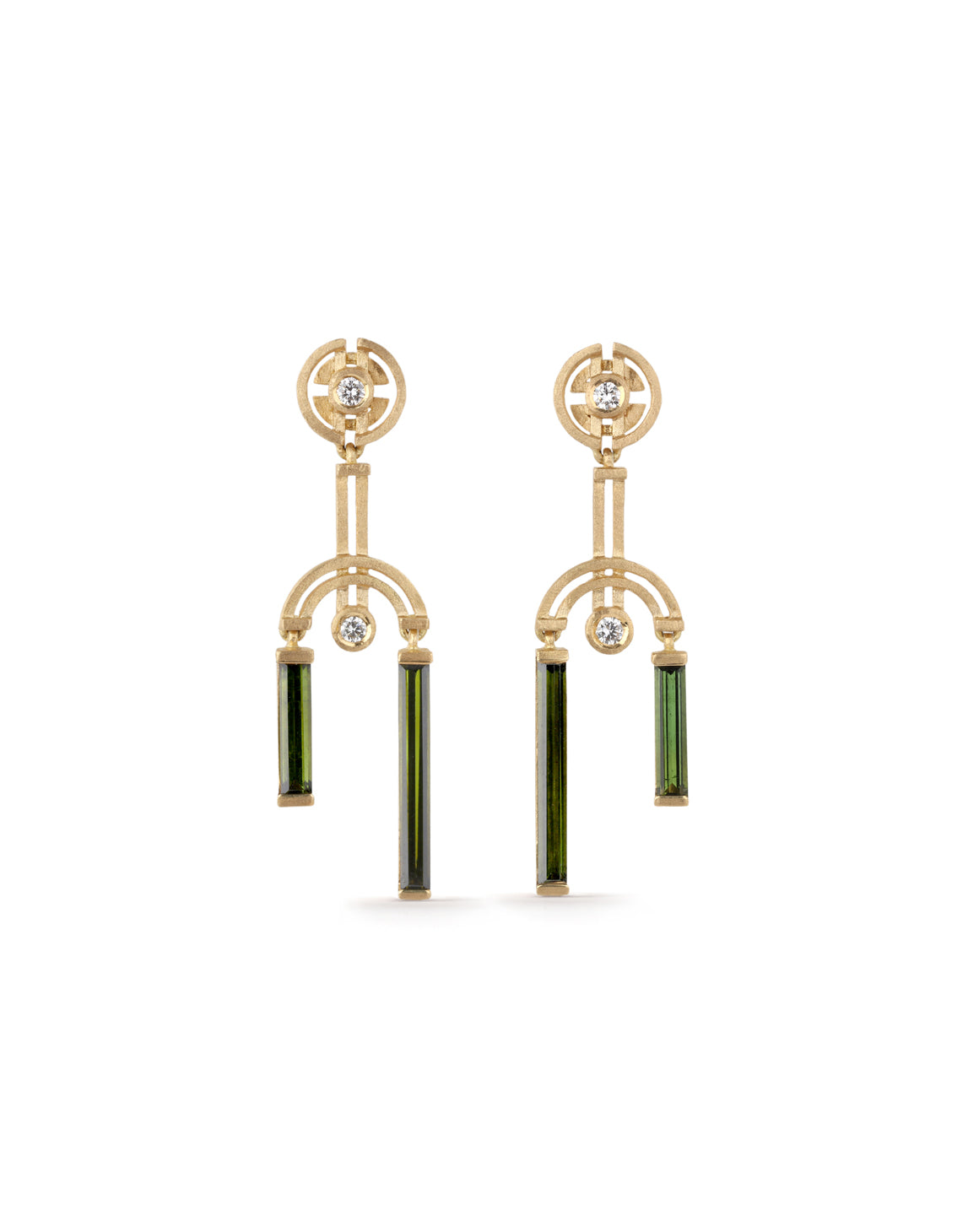 Geometric statement drop earrings. rectangular green tourmalines and round white diamonds, 18ct yellow gold with textured finish.