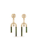 Geometric statement drop earrings. rectangular green tourmalines and round white diamonds, 18ct yellow gold with textured finish.
