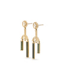 Geometric statement drop earrings. rectangular green tourmalines and round white diamonds, 18ct yellow gold with textured finish. Side view.
