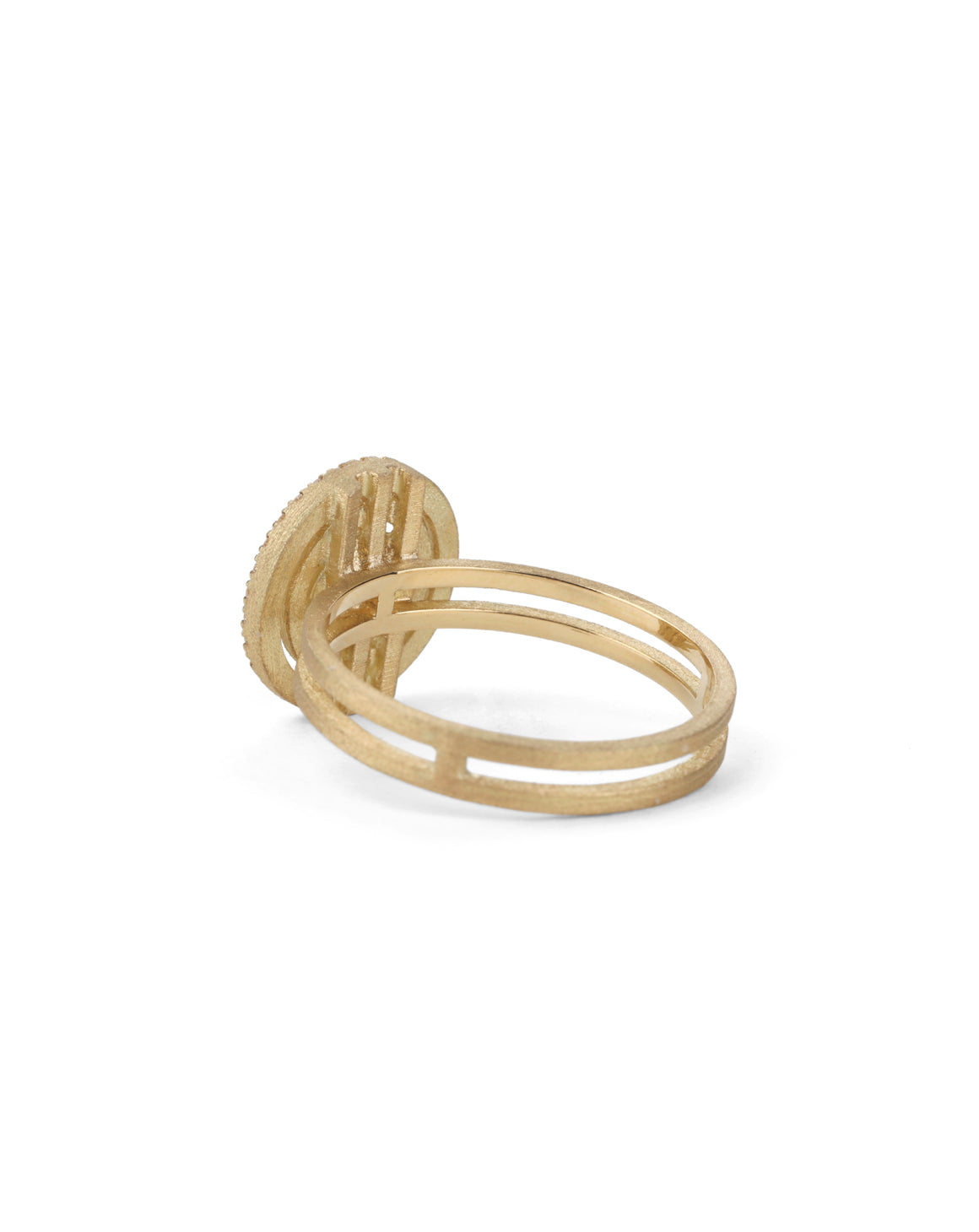 Green sapphire ring with circular detail and white diamond outer halo.  18ct yellow gold, textured finish. Back view.