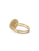 Green sapphire ring with circular detail and white diamond outer halo.  18ct yellow gold, textured finish. Back view.