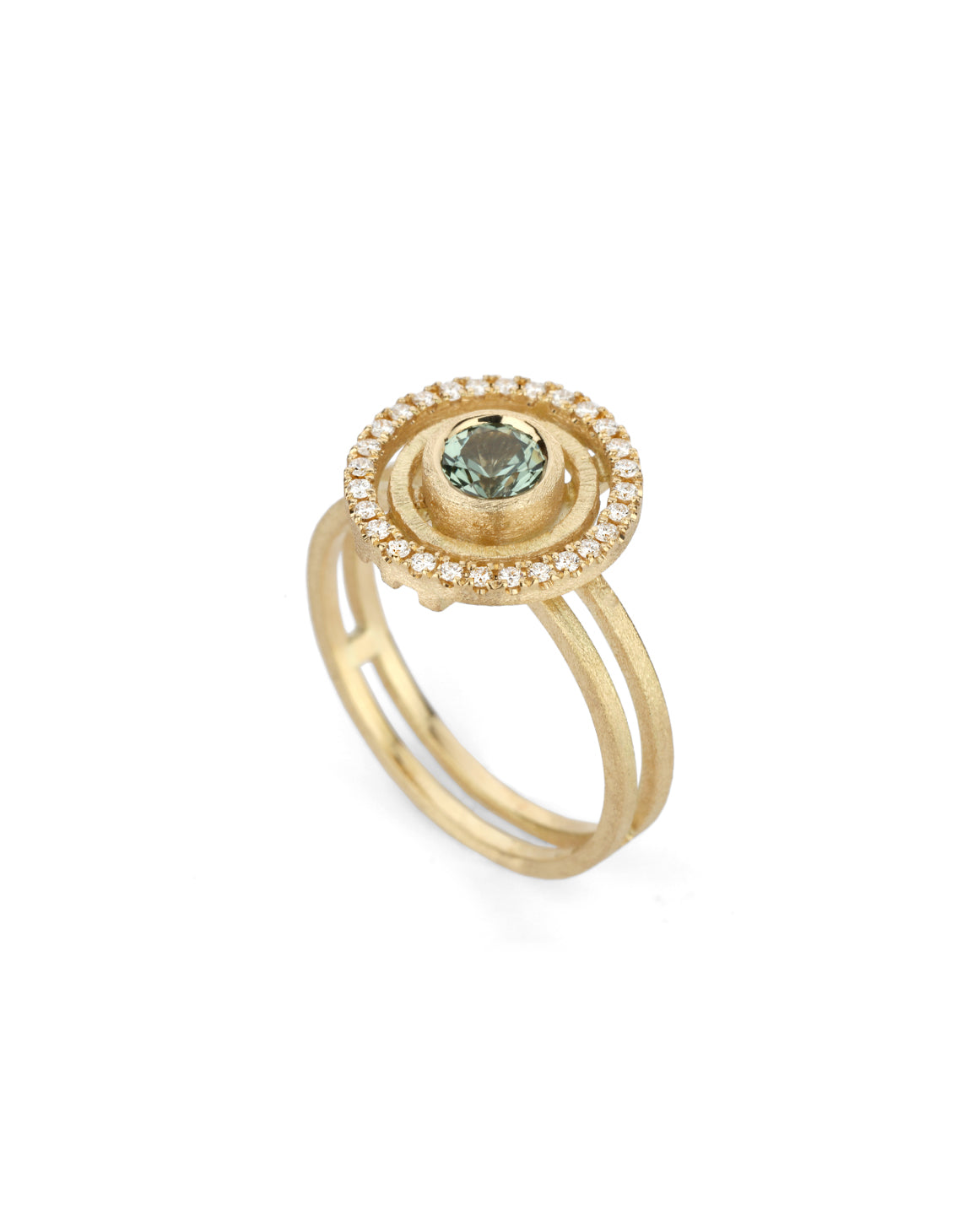 Green sapphire ring with circular detail and white diamond outer halo.  18ct yellow gold, textured finish.