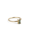 Rectangular green sapphire ring, four claw setting. 18ct yellow gold, polished finish.