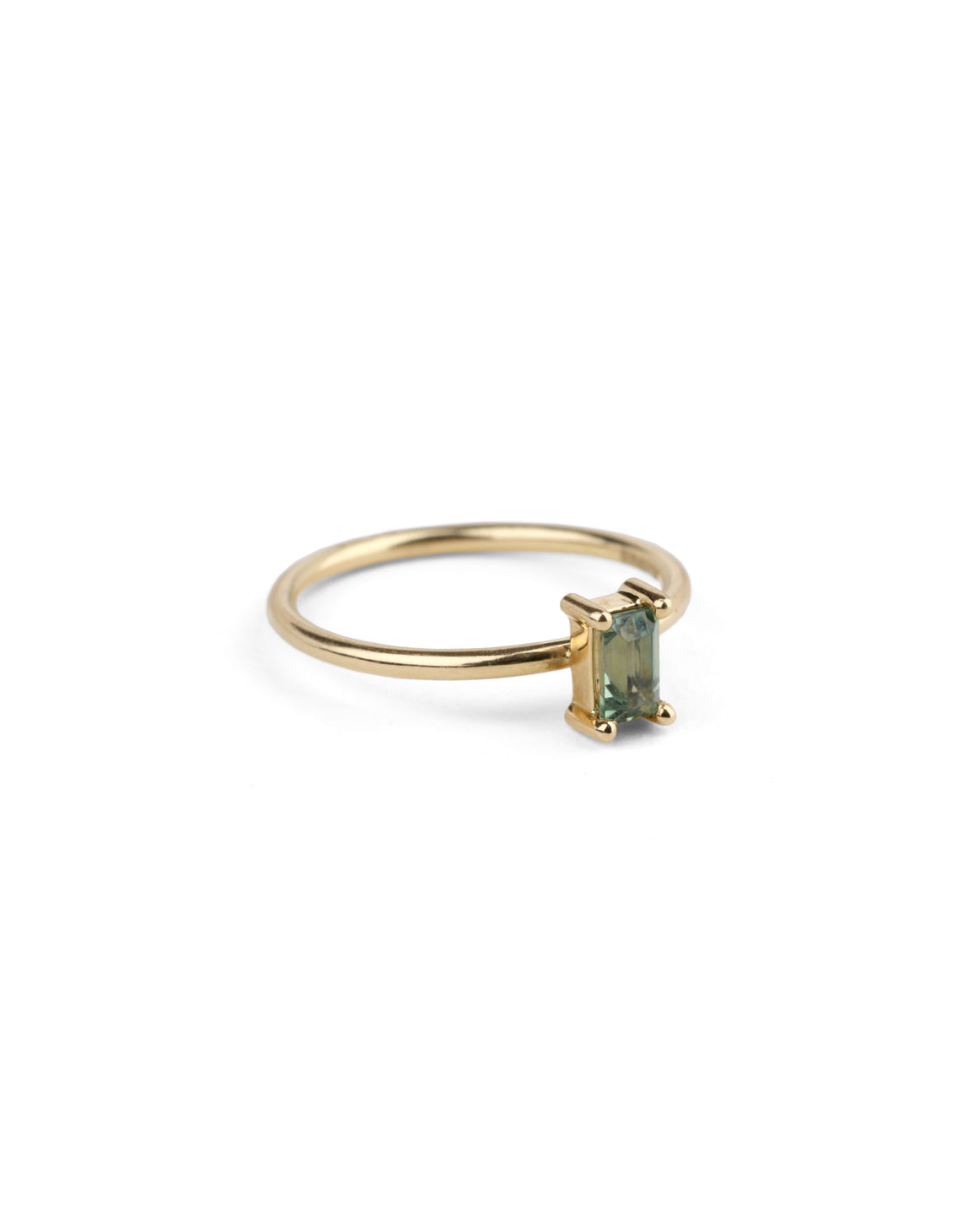Rectangular green sapphire ring, four claw setting. 18ct yellow gold, polished finish.
