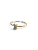 Rectangular green sapphire ring, four claw setting. 18ct yellow gold, polished finish.