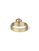 Oval green sapphire ring with six claw setting. On joined triple band, 18t yellow gold, textured finish. Back view.