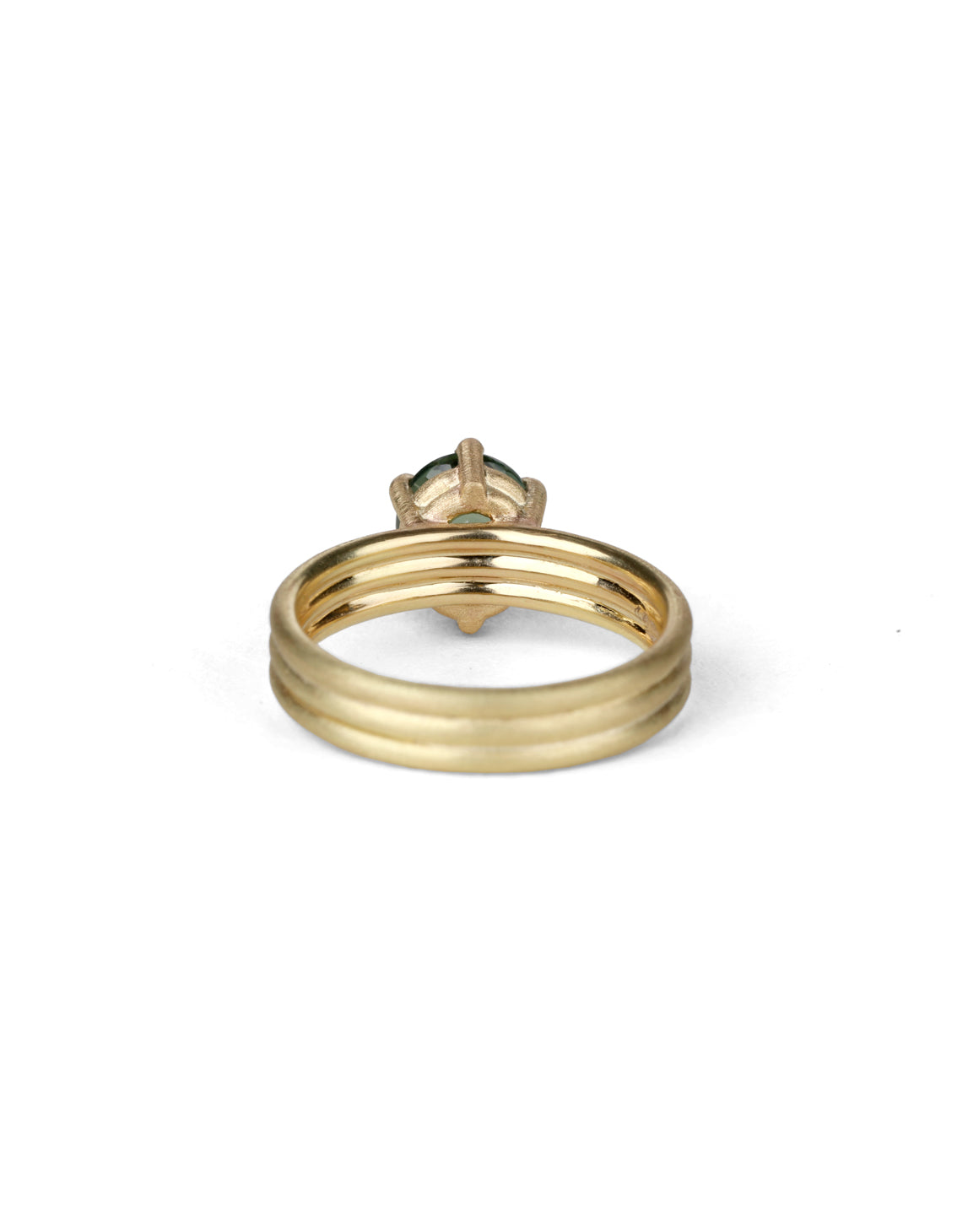 Oval green sapphire ring with six claw setting. On joined triple band, 18t yellow gold, textured finish. Back view.