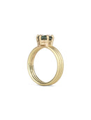 Oval green sapphire ring with six claw setting. Joined triple band, 18t yellow gold, textured finish. Side view.