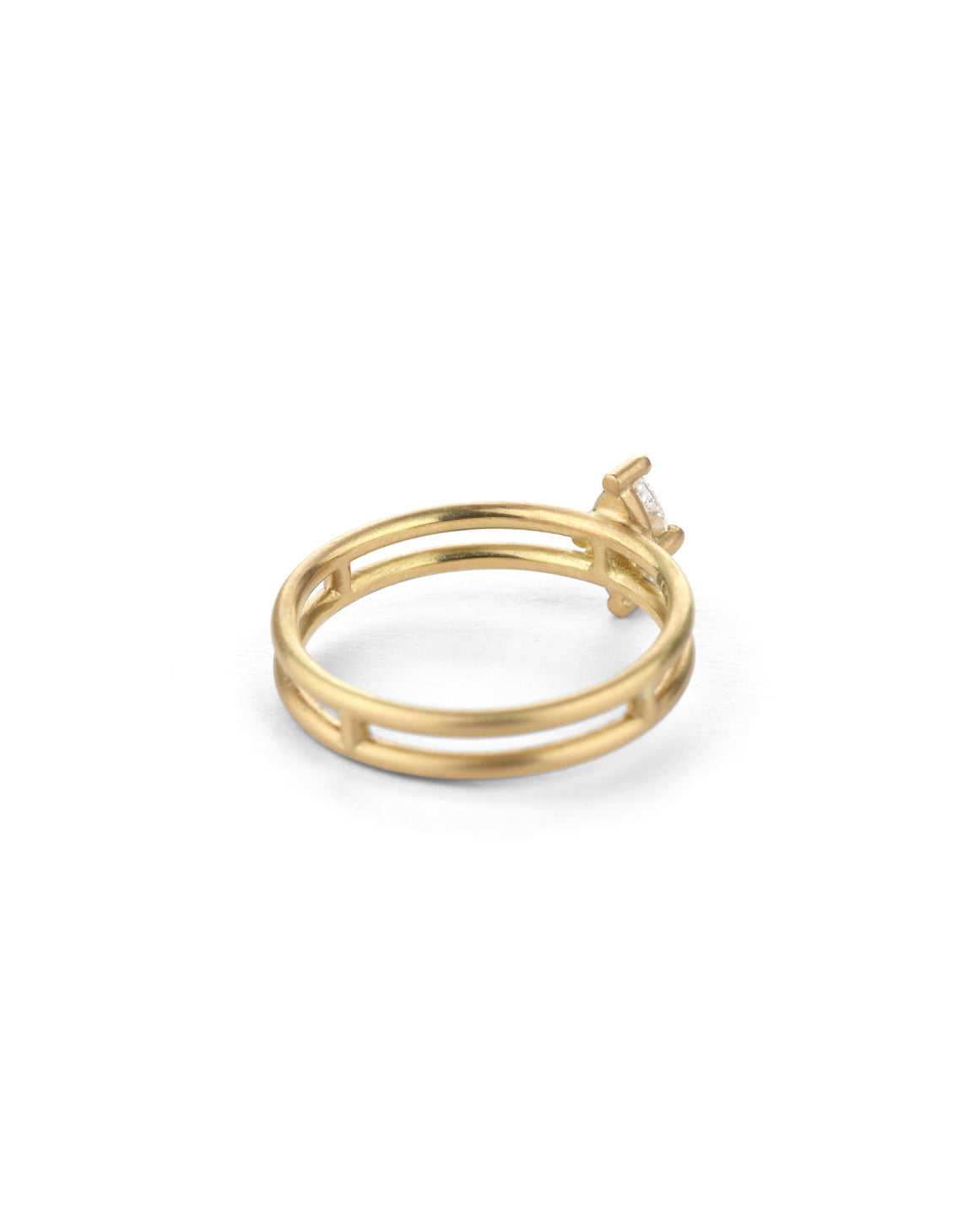 Marquise white diamond solitaire ring with double band. 18ct yellow gold, satin finish. Back of ring.
