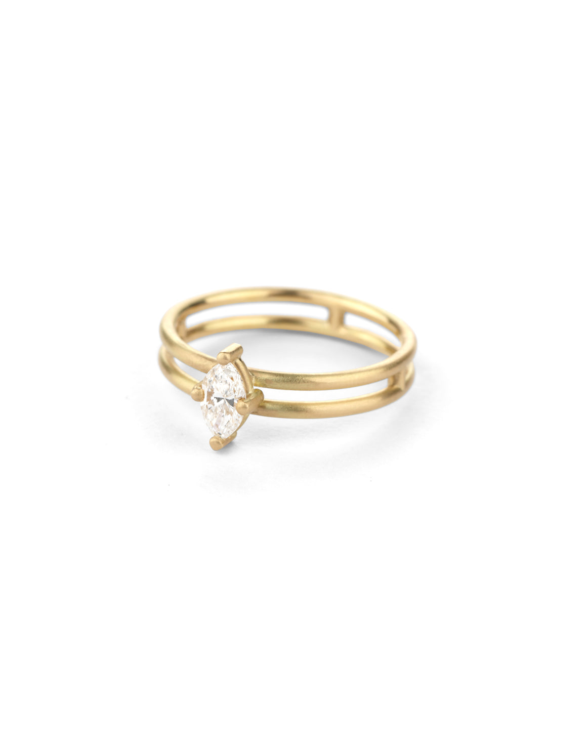 Marquise white diamond solitaire ring with double band. 18ct yellow gold, satin finish.
