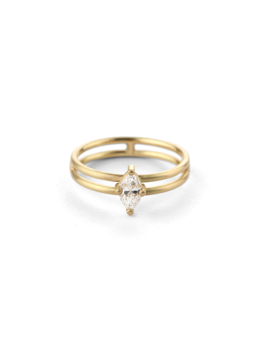 Marquise white diamond solitaire ring with double band. 18ct yellow gold, satin finish.