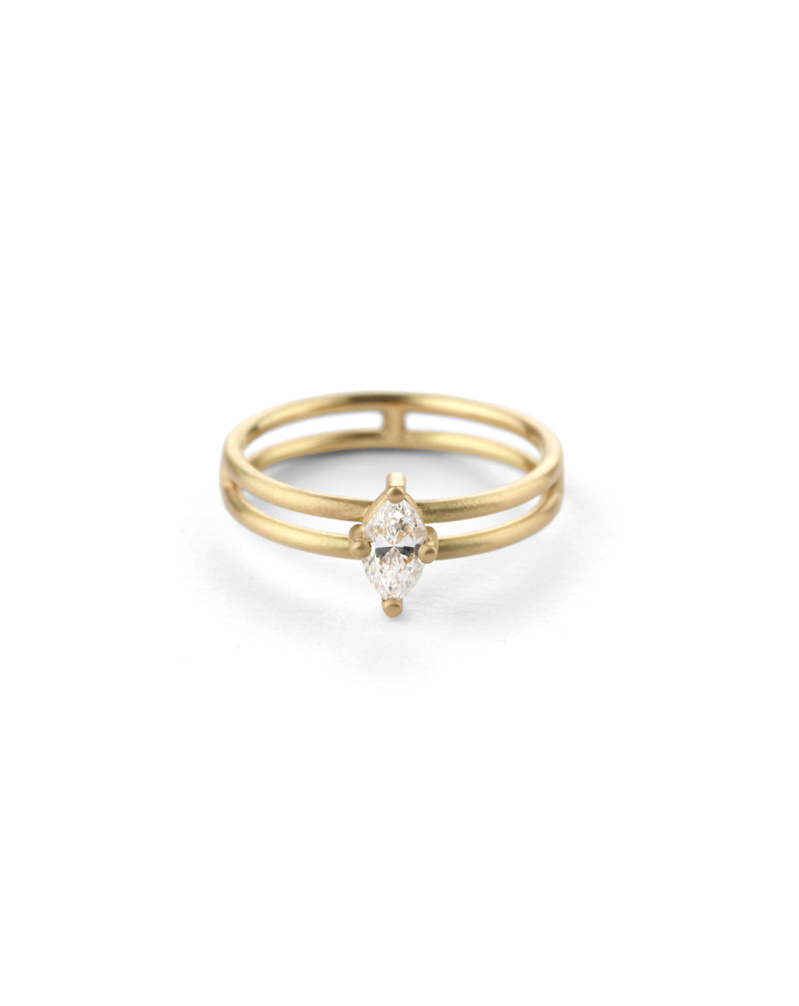 Marquise white diamond solitaire ring with double band. 18ct yellow gold, satin finish.
