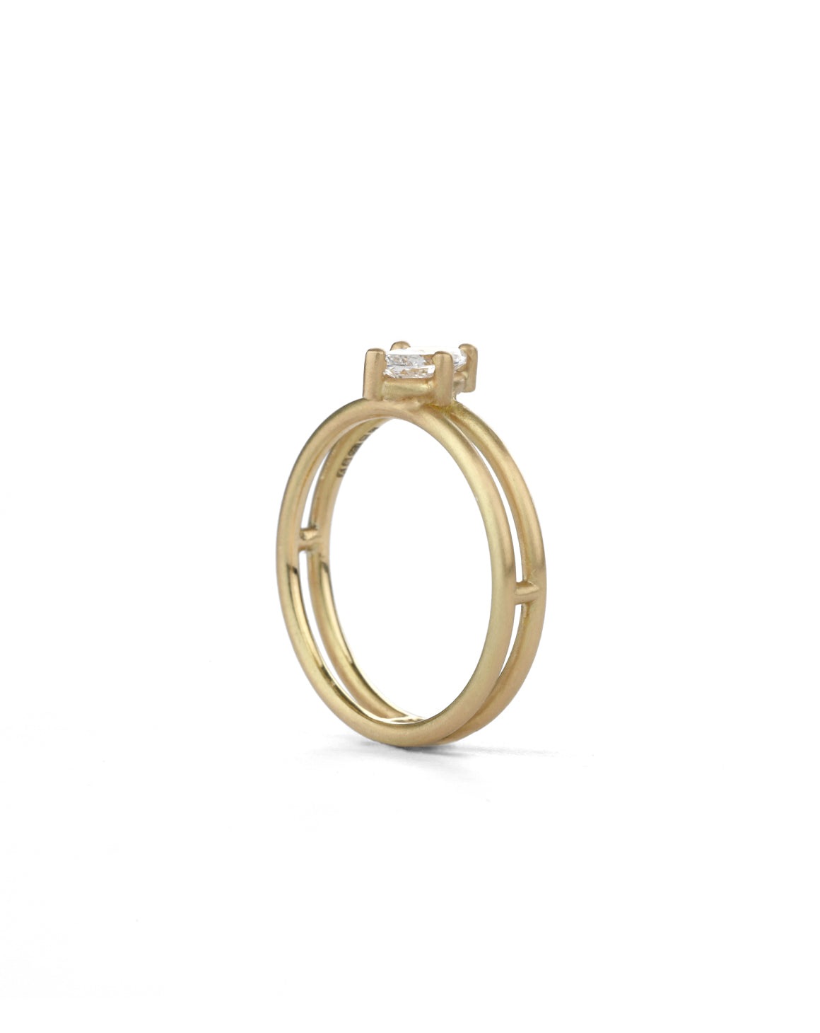 Marquise white diamond solitaire ring with double band. 18ct yellow gold, satin finish.