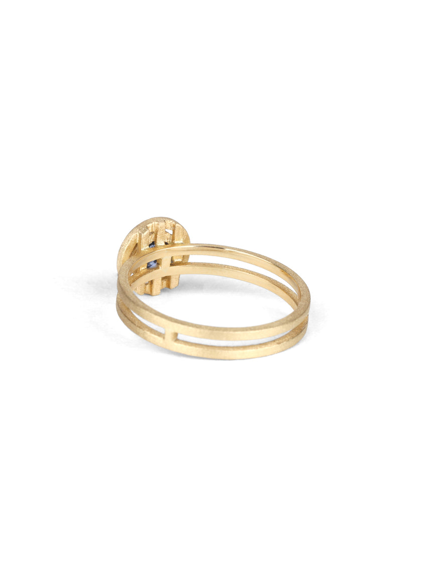 Marquise white diamond solitaire ring with double band. 18ct yellow gold, satin finish. Back view.