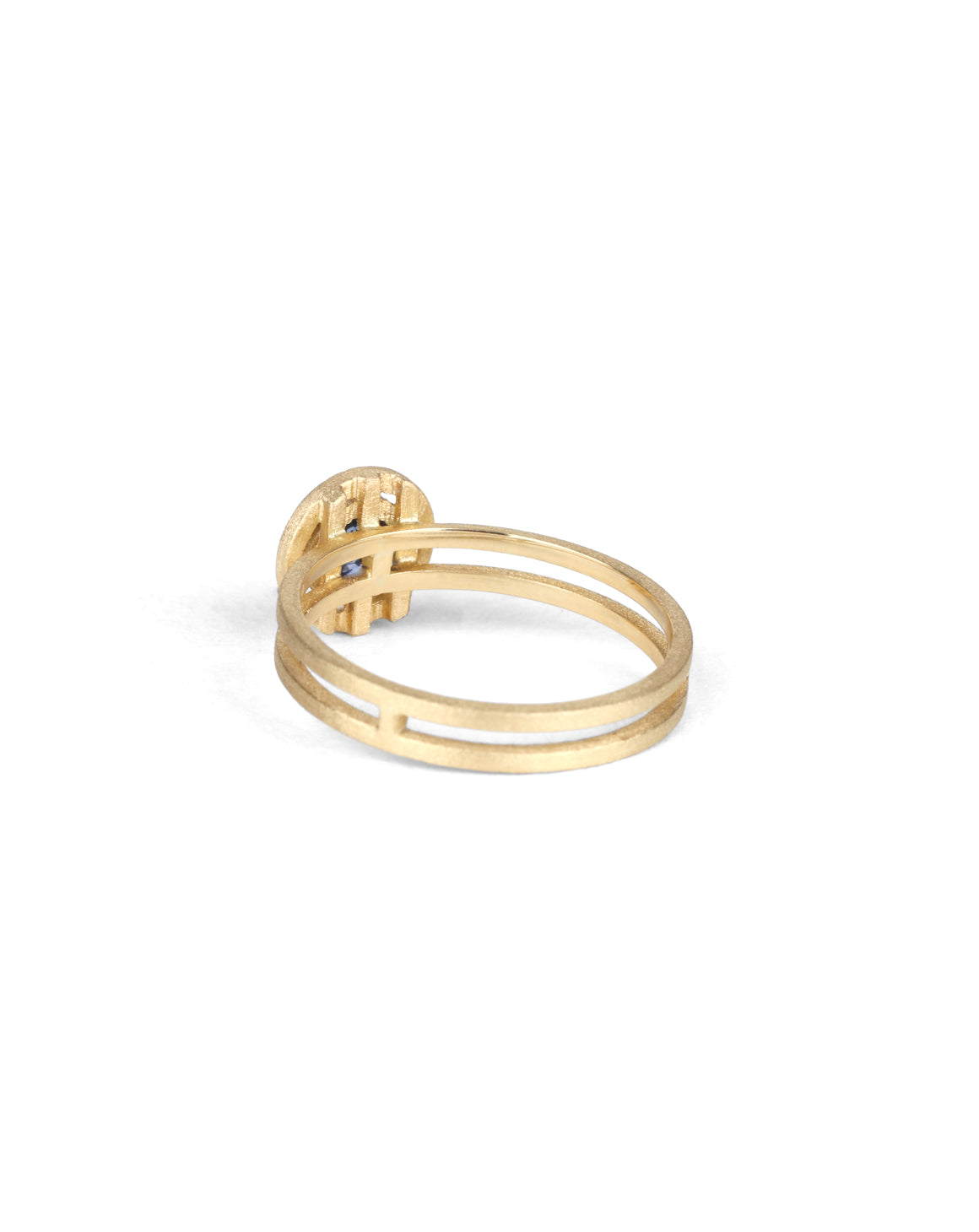Marquise white diamond solitaire ring with double band. 18ct yellow gold, satin finish. Back view.