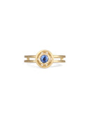 blue sapphire ring with circular detail, double band. 18ct yelow gold, textured finish.