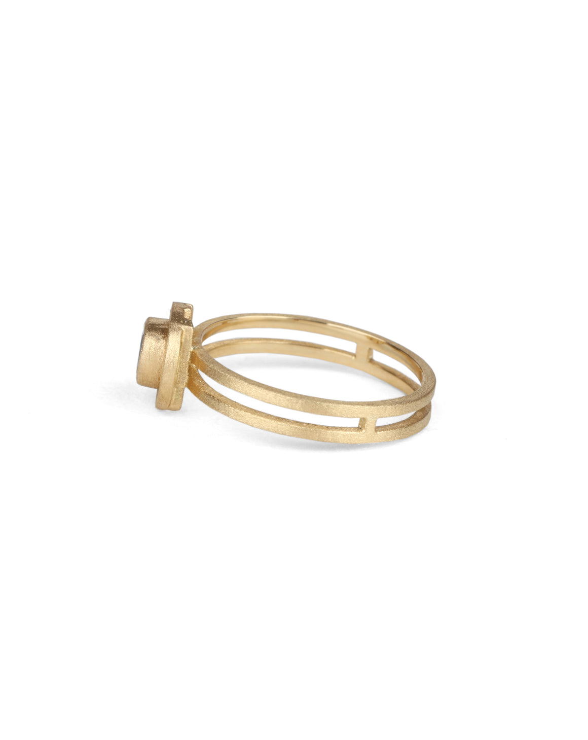 Marquise white diamond solitaire ring with double band. 18ct yellow gold, satin finish. Side view.