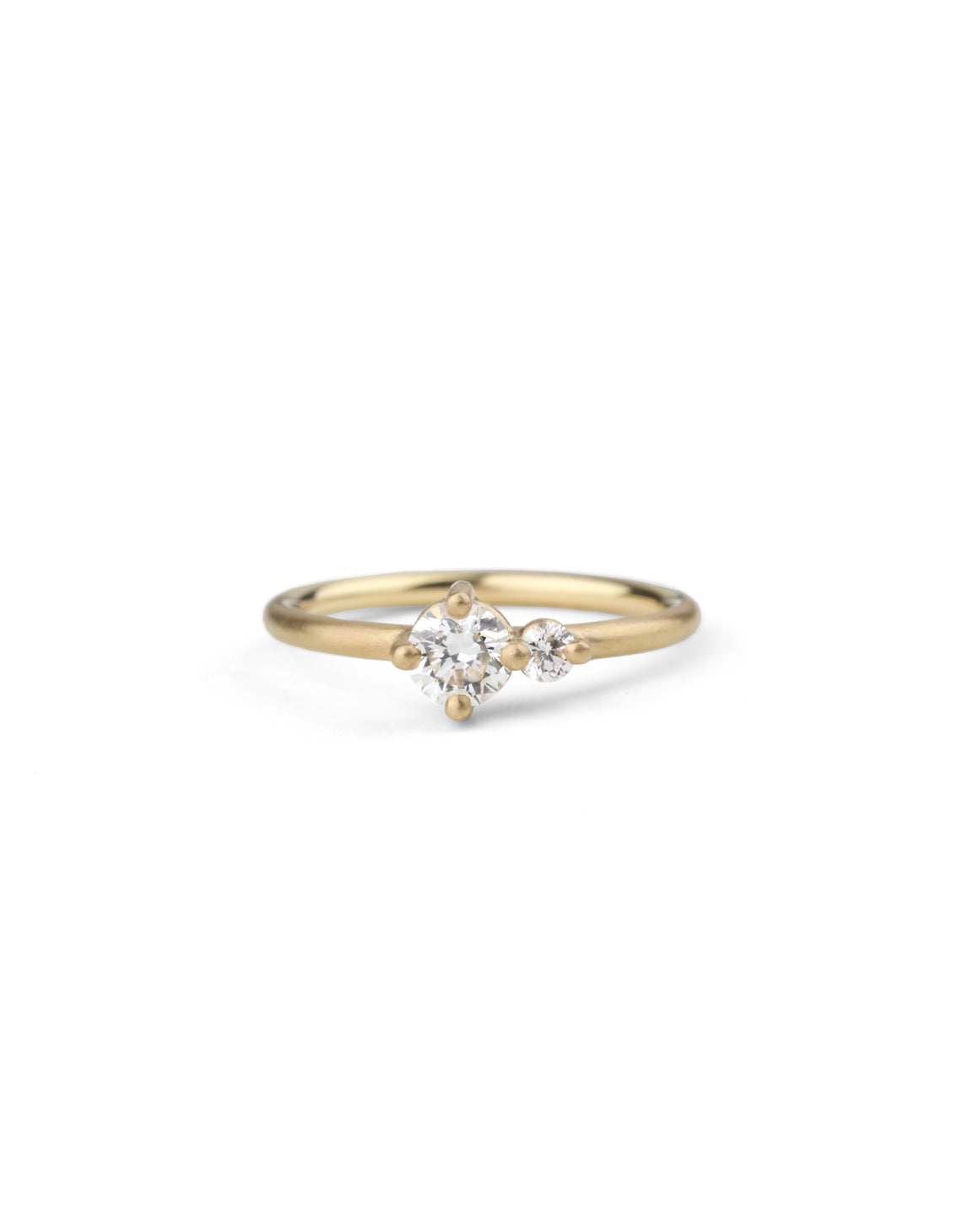 Two stone diamond ring. 18ct yellow gold, satin finish.