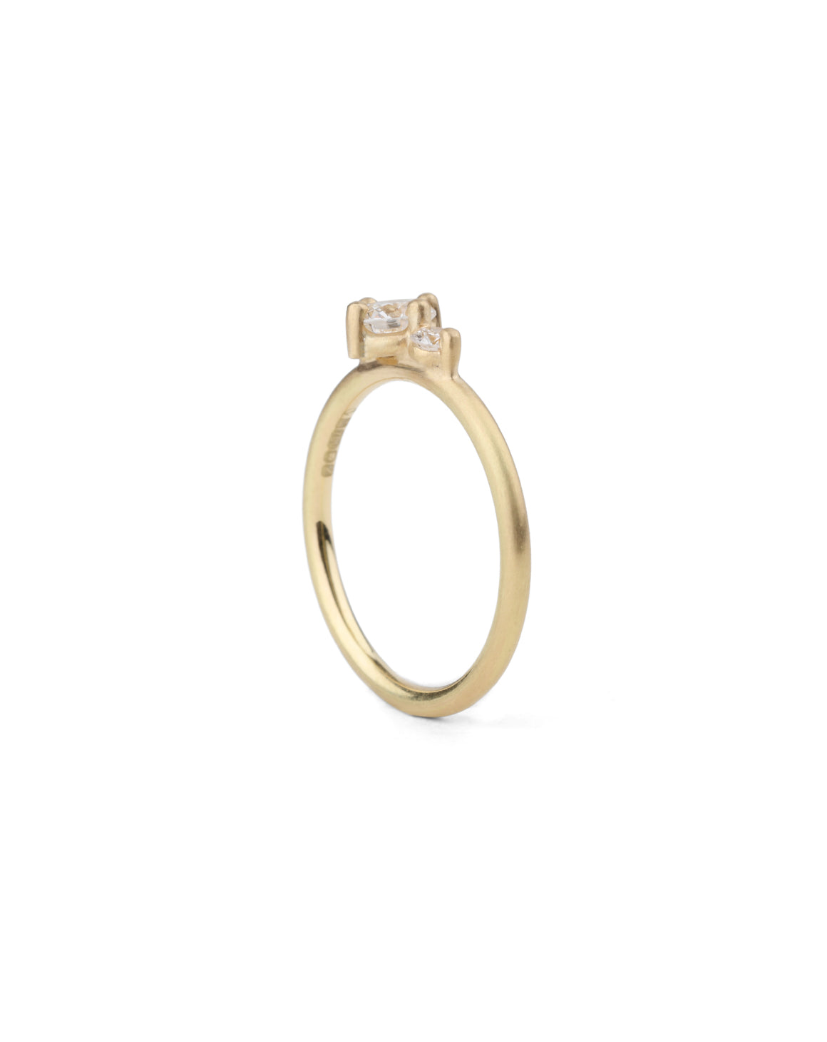 Two stone diamond ring. 18ct yellow gold, satin finish. Side view.
